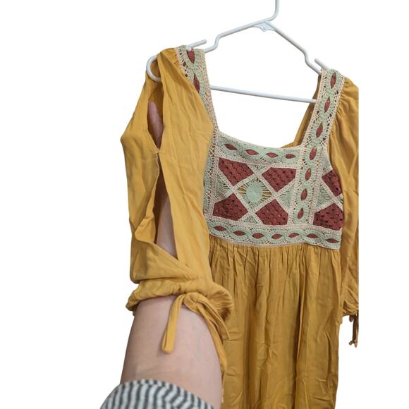 Peasant style slashed sleeves empire-waisted mustard dress w/crochet detailing S - Picture 7 of 13